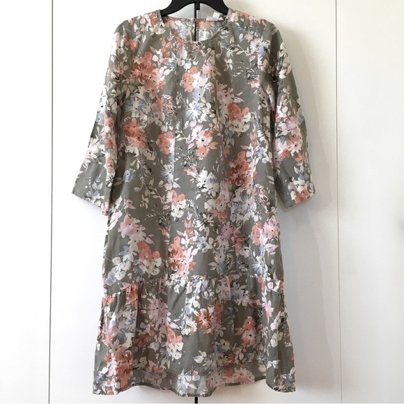 J. Jill 100%  Linen  Floral Ruffle Hem 3/4 long sleeves Crew Neck Relaxed Dress - Picture 3 of 16